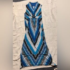 Chico’s Blue White Chevron Maxi Dress Sleeveless Faux Collar